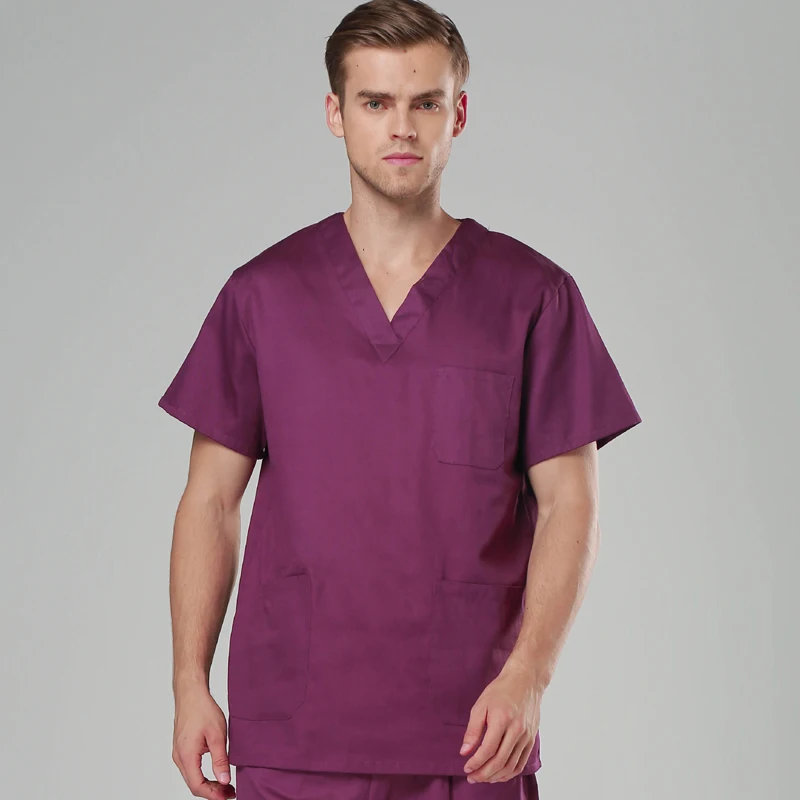 men TOP purple Мужской и Женский скраб-топ из чистого хлопка, медицинская униформа медсестры, Классическая рубашка с v-образным вырезом и коротким рукавом(только топ - Цвет: men TOP purple