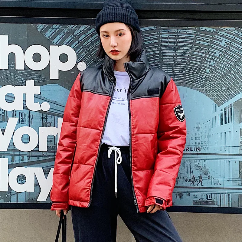 

Photo Shoot PU Leather 2019 Winter Europe And America New Style down Jacket Student Stand Collar Short Casual Couples Cotton Ove