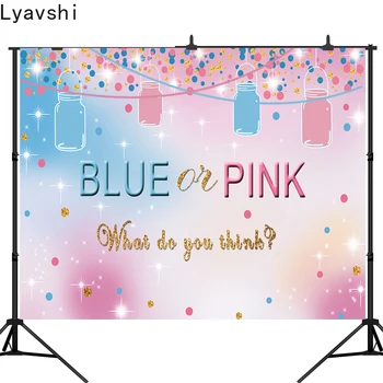 

Lyavshi Blue or Pink Gender Reveal backdrop Baby Shower Party Mason Jars Candy Dessert Table Decorations photo background