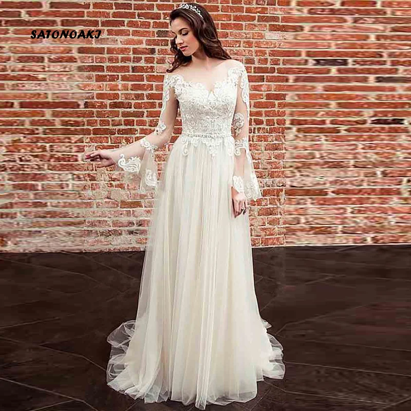 SATONOAKI свадебное платье с длинными рукавами Vestido de novia Boho ТРАПЕЦИЕВИДНОЕ мягкое Тюлевое свадебное платье цвета слоновой кости Длина до пола свадебное платье