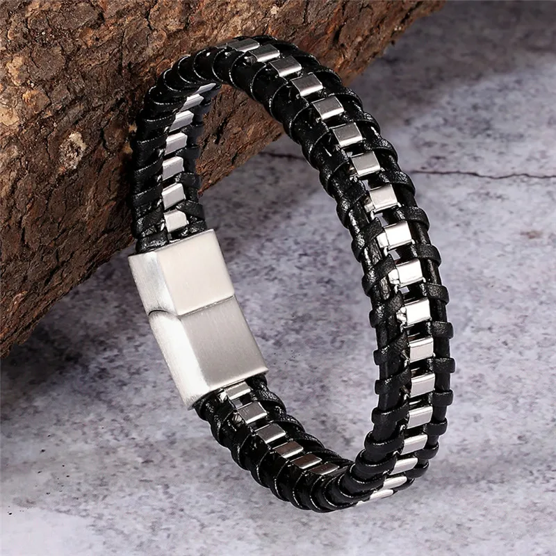 MKENDN Punk Bicycle Chain Titanium Stainless Steel Magnetic Buck Bracelet Men Multilayer Braid Genuine Leather Bracelet Pulseras