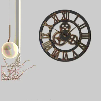

Vintage Industrial Gear Wall Clock Round 3D Roman Numerals Retro Rustic Battery Operated Non-Ticking Large Art Home Decoration