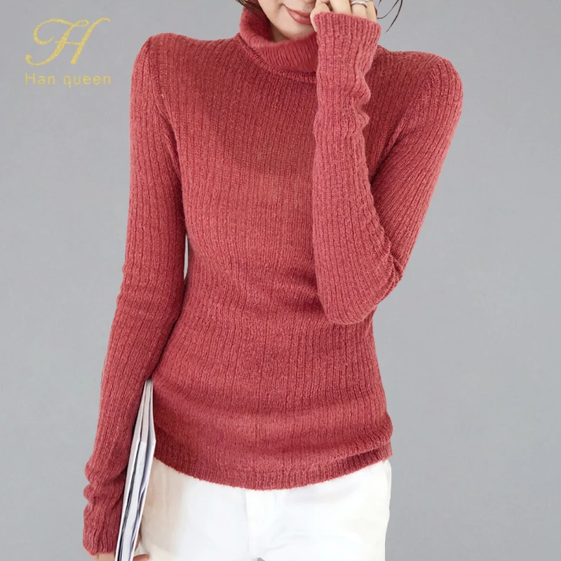 

H han queen Knitted Mohair Sweater Women Pullovers Autumn 2019 Basic Turtleneck Sweaters Korean Style Slim Winter Clothes Women