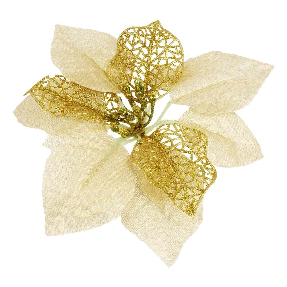 12pcs/lot Artificial Christmas Flowers Plastic&Cloth Glitter Hollow Flower For Christmas Tree Decoration DIY Xmas New Year Decor - Цвет: Gold(20cm)