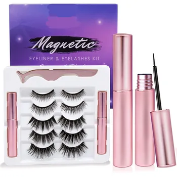 

5 Pairs Eye Lashes Magnetic Eyelashes and Eyeliner Set False Eyelashes Magnet Extension Liquid Eyeliner & Tweezer Set Waterproof