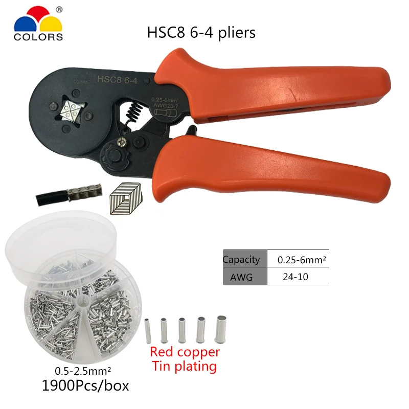 

6-4 Crimping Pliers Crimper Tubular Terminal 0.25-6mm2 Crimper Suit Hand Tools Crimping Tool Bare Copper Terminal Box Set 1900PC
