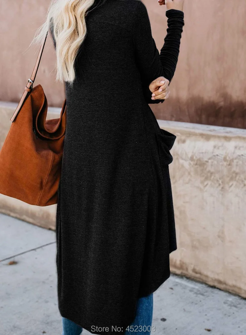 Женская трикотажная пуговица с длинными рукавами, вязаный в рубчик кардиган с карманом, верхняя одежда, топы