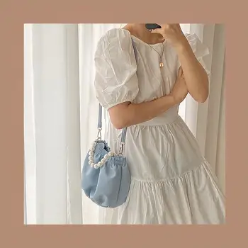 

Non-Mainstream Design Pearl Pleated Soft Leather Cloud Bag Female Korean Fashion Ring Portable Bucket Bag Messenger Bag Female