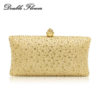 

Double Flower Dazzling Golden Glitter Women Crystal Clutch Evening Bags Luxury Diamond Handbags Wedding Party Cocktail Purse
