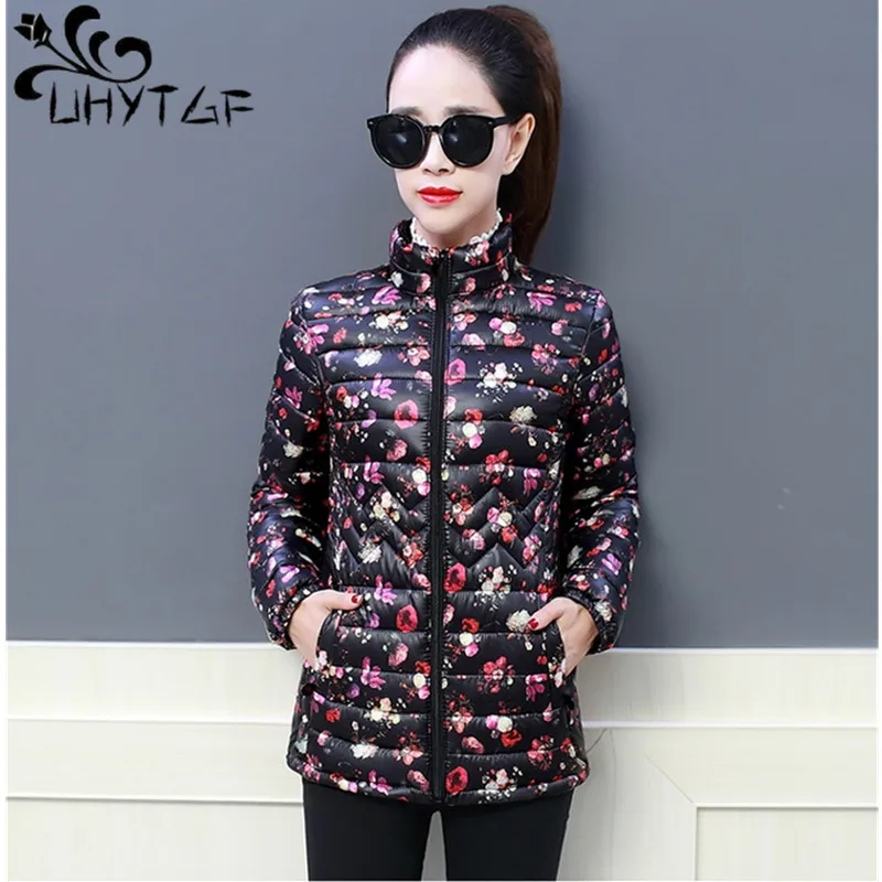 

UHYTGF winter jacket women parka winter warm plus Short Slim printing fashion coat female Women's down jacket 6XL Plus size X456