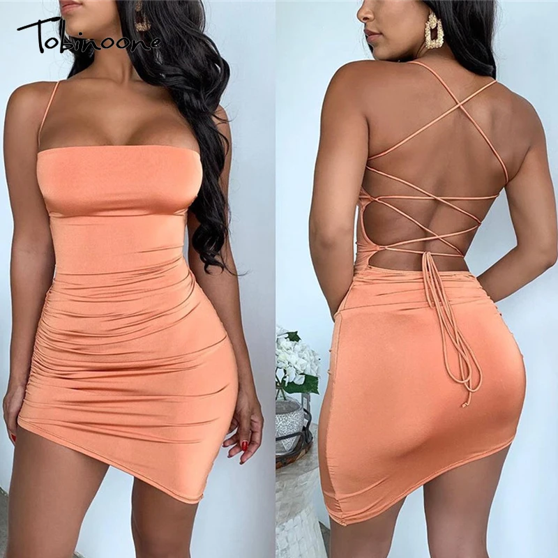 

Tobinoone Women Sexy Solid Color Bandage Dress Elegant Backless Lace Up Dress Sleeveless Bodycon Evening Party Club Mini Dress
