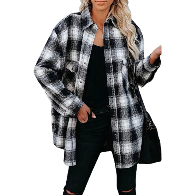 Women's Autumn Brown Street Shirt Retro Large Plaid Flannel Boyfriend Top Women's Lapel Loose Long Sleeve Casual Korean Top