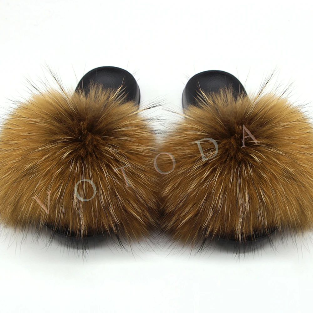 Summer Women Fur Slippers Fluffy Raccoon Fox Fur Slides Female Furry Outside Flat Flip Flop Ladies Rainbow Slip On Sandals for slippers sandals shoes,slippers sandals,female slippers,fur slippers