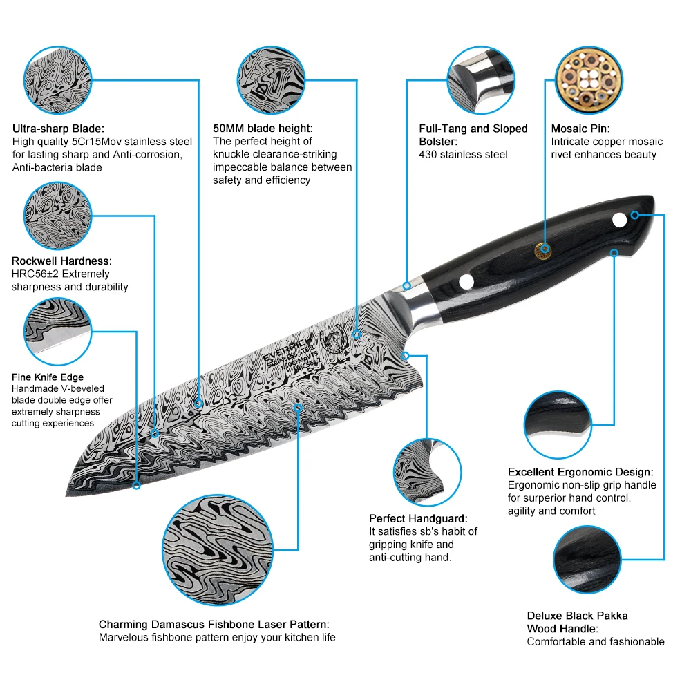 Нож еверрич " Santoku, кухонные ножи, ножи шеф-повара, дамасский нож с рисунком рыбьей кости, лазерная Дамасская сталь с деревянной ручкой Pakka