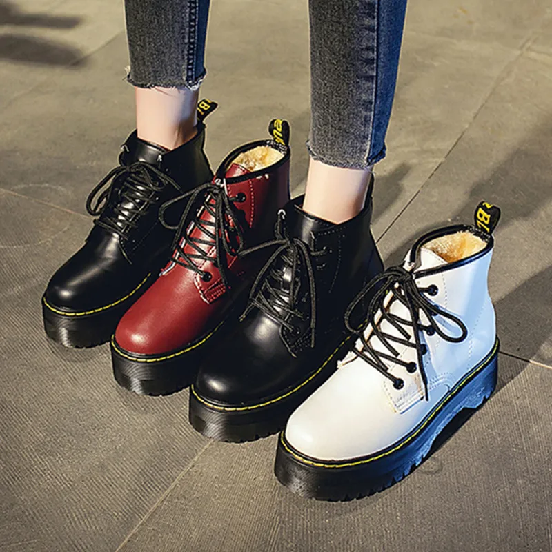 Женские ботинки на платформе сезон осень-зима Плюшевые Теплые кожаные ботильоны