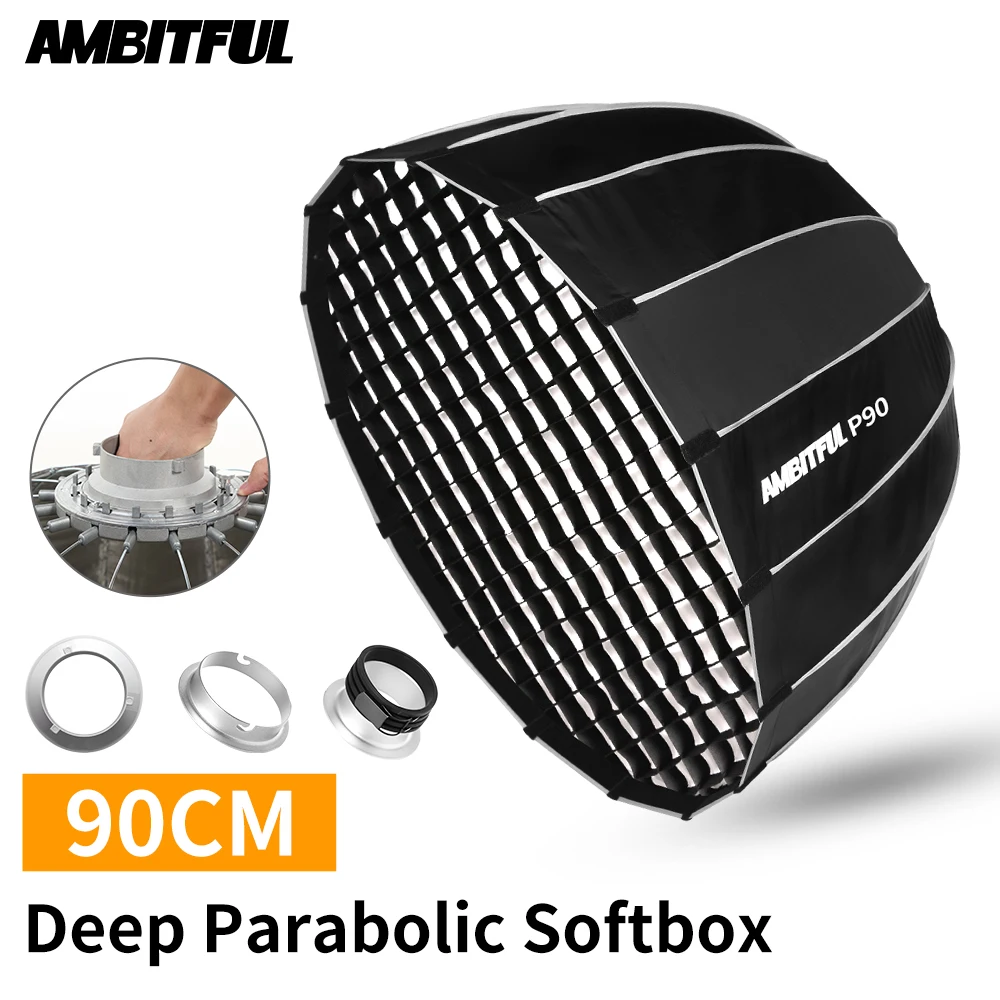 AMBITFUL P90 90CM Quickly Release Parabolic Deep Softbox + Honeycomb Grid for Bowens Profoto Elinchrom Mount Studio Flash