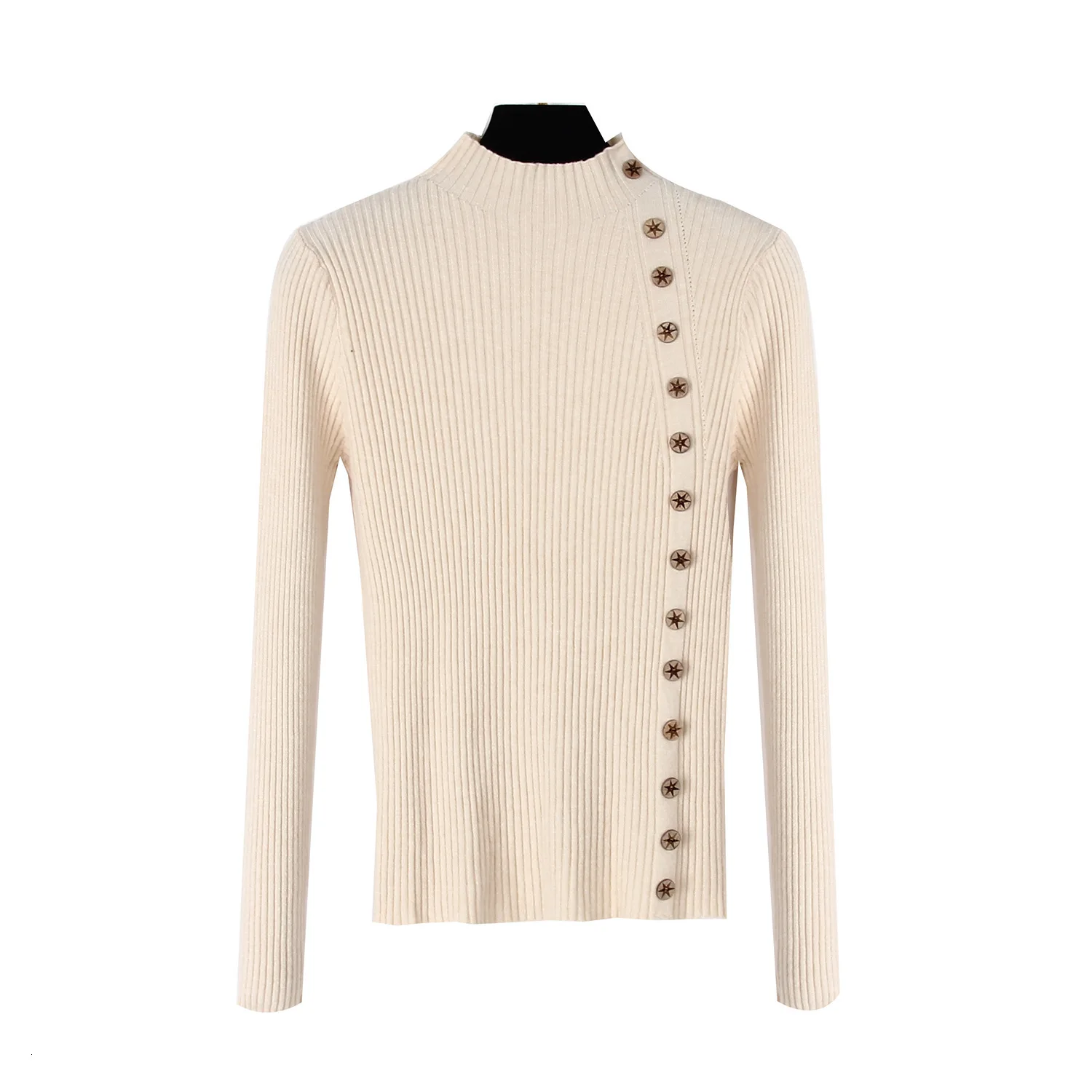 Осенне-зимний Повседневный женский свитер с длинным рукавом и пуговицами, вязаный пуловер с высоким воротником, женские облегающие эластичные Топы