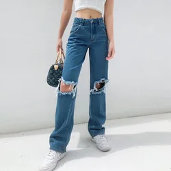 Jean déchiré pour femme, Streetwear, taille haute, Baggy, jambes droites, décontracté, couleur unie, pantalon en Denim, Boyfriend 