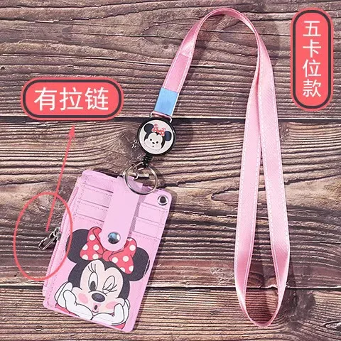 Disney Mickey Minnie hanging neck  card holder card Stitch Cartoon ID card shell leather case bus card hold
