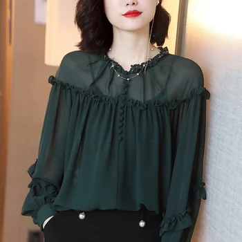 

Fall Spring Casual Vintage Womens Ruffles Rhinestone Long Sleeve Green Chiffon Blouse Top Shirt , 4xl Tops and Blouses for Woman