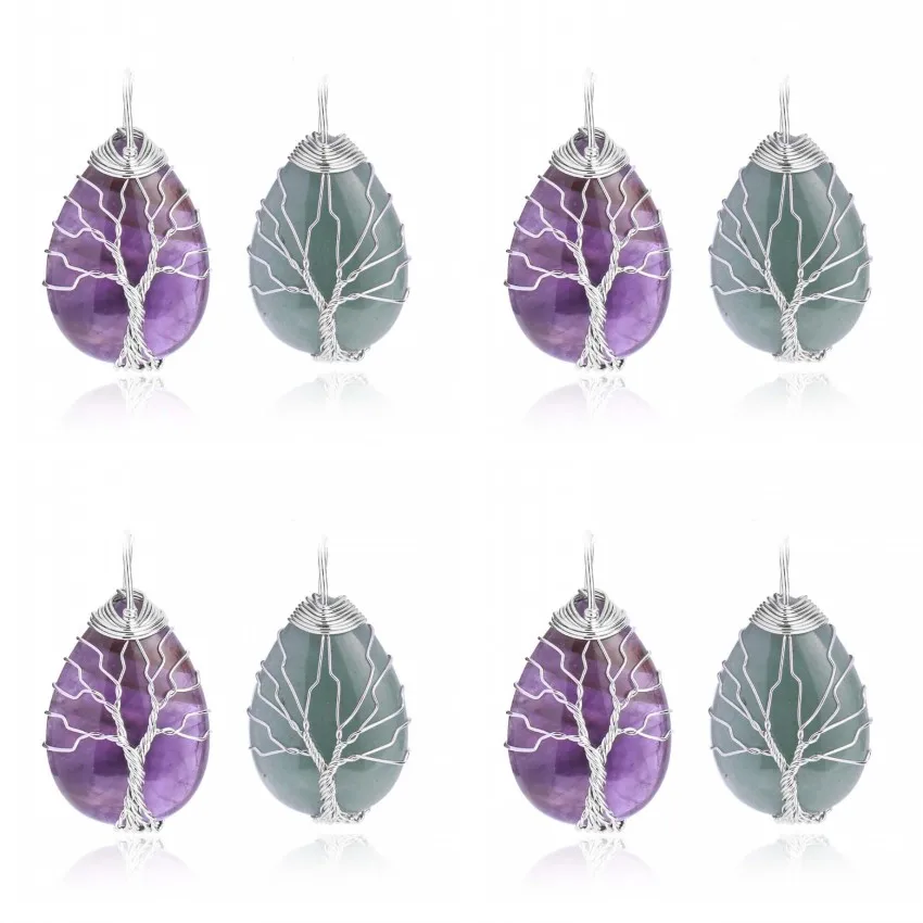 KFT Wire Wrapped Tree of Life Pendant Natural Healing Crystal Quartz Tear Drop Chakra Points Reiki Stone Pendant Jewelry