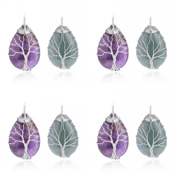 KFT Wire Wrapped Tree of Life Pendant Natural Healing Crystal Quartz Tear Drop Chakra Points Reiki Stone Pendant Jewelry