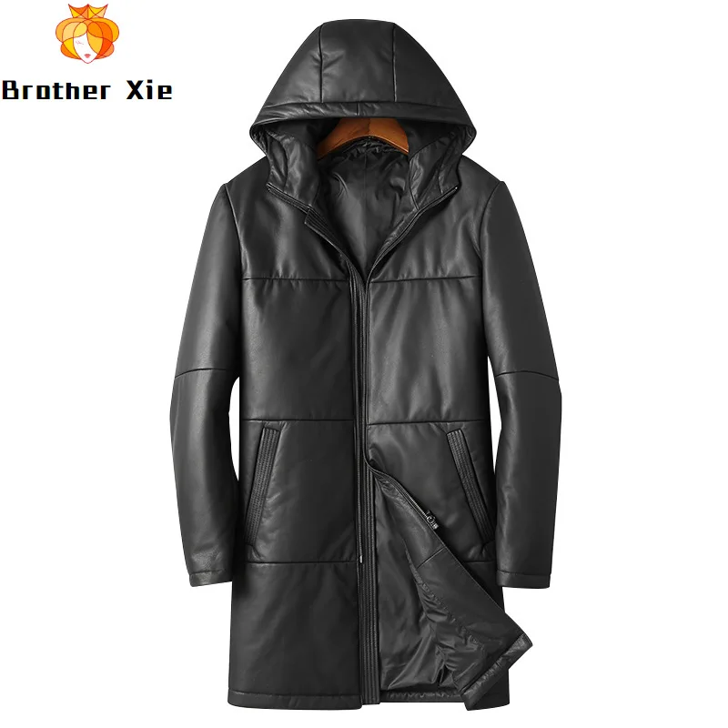 

Men's Genuine Leather Down Jacket Thicken Warm Real Sheepskin Hooded Long Jacket and Coat for Male R3066