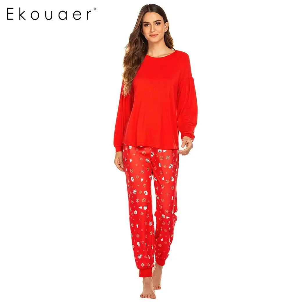Ekouaer/женская зимняя пижама из двух предметов, Пижамный костюм с круглым вырезом и длинными рукавами, домашняя одежда, пижамный комплект, женская ночная рубашка
