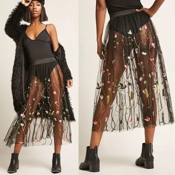 

High Street Fashion Women Tulle Long Skirt Sexy Sheer See Through Floral Embroidered Pleated High Waist Black Midi Skirt