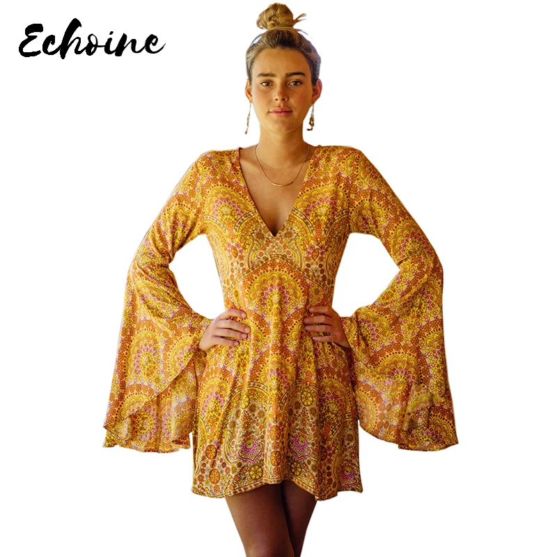 

Echoine Yellow Venus Print Dress in Sun Women Autumn Plunging V Neck Exaggerated Long Bell Sleeves Vintage Field Dresses