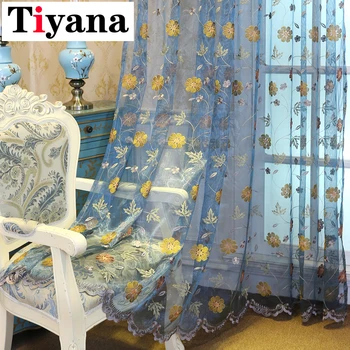 

Luxury Blue Sheer Curtains Tulle For Bedroom Balcony Yellow Flower Design Window Drapes For Living Room JK051Y