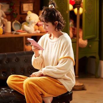 

Set Flannel Night Suits Sleepwear Coral Fleece Nightwear Thickened Pyjamas Homewear Long Pant Cloth Warm Winter Women's Pajamas