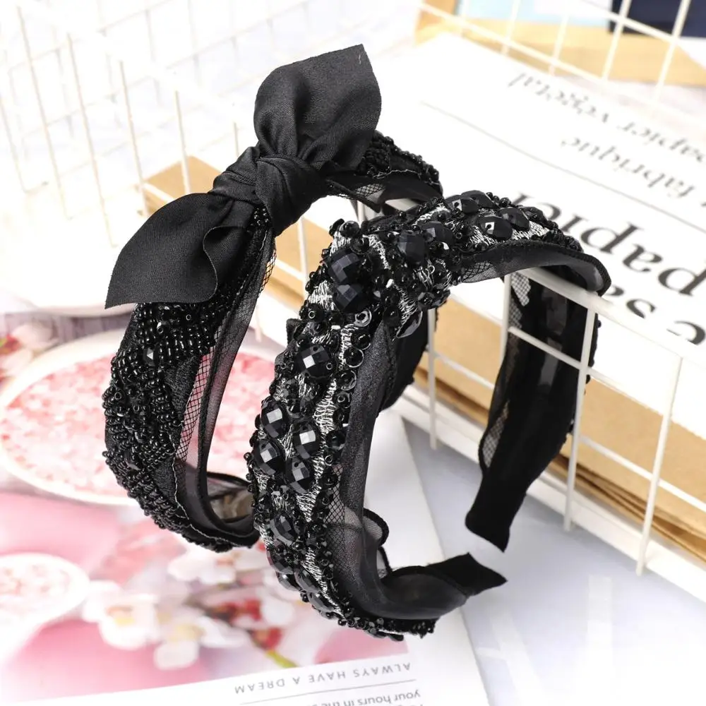 Кружева Кристалл повязки с узлом для женщин черный ободок с бантиком аксессуары для волос, Корея Цветок Корона повязка на голову