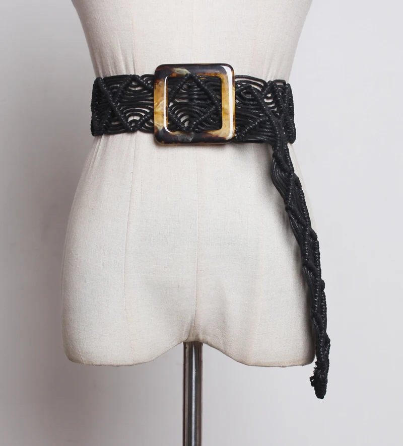 [EAM] Pu Leather Big Square Buckle Hollow Out Wide Belt Personality Women New Fashion Tide All-match Autumn Winter 1A056 - Цвет: black