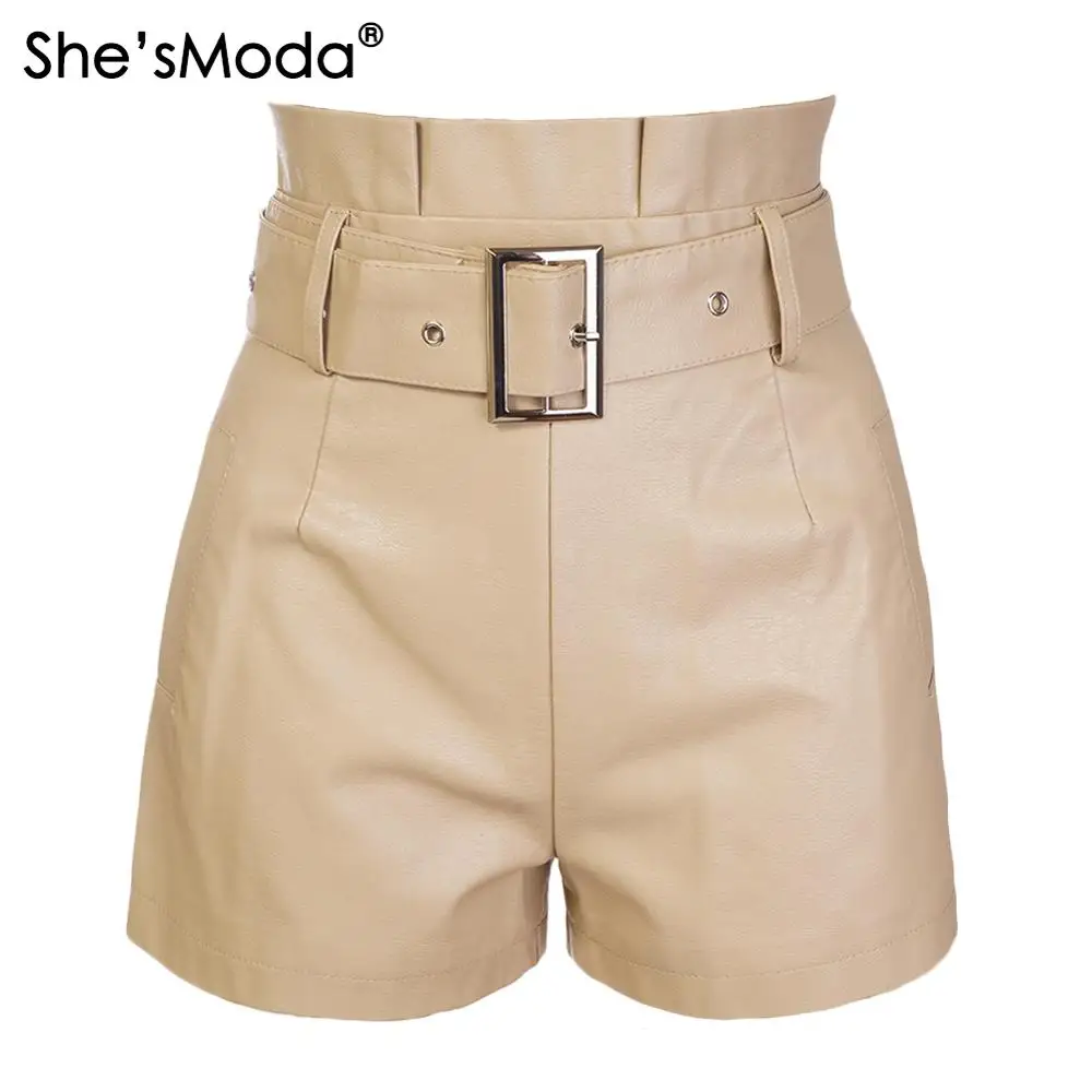 She'sModa из искусственной кожи ремень новые женские с высокой талией Прямые шорты с карманом размера плюс - Цвет: nude