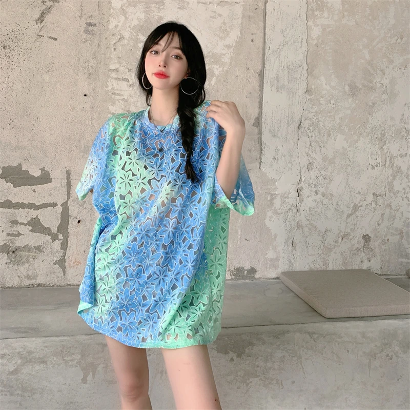 

Новые летние тай-дай выдалбливают Круглая горловина с коротким рукавом Свободная футболка для женщин