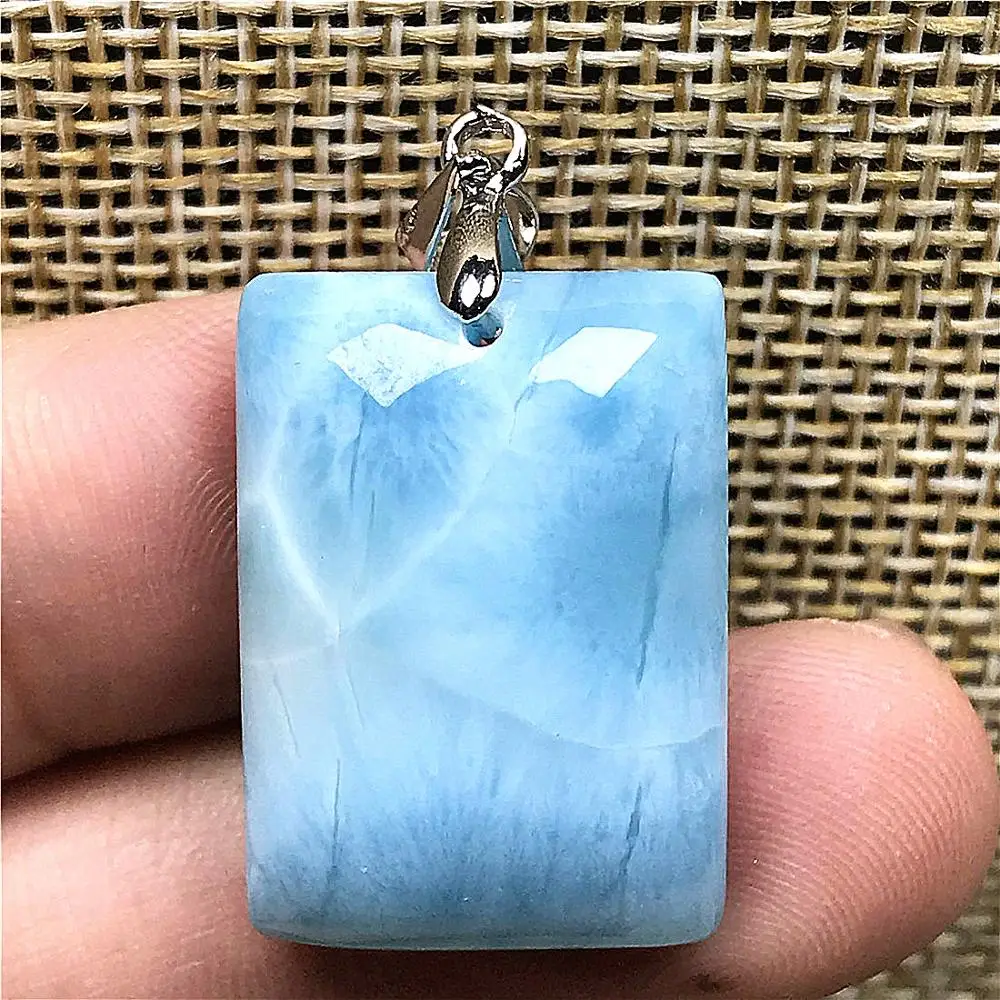 

Natural Blue Larimar Pendant For Woman Man Crystal 23x16x7mm Rectangle Beads Silver Dominica Water Pattern Stone Jewelry AAAAAA