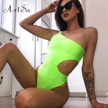 

ArtSu Neon Green One Shoulder Bodysuit Women Solid Hollow Out Jumpsuit Sleeveless Backless Sexy Bodysuits Teddy Romper ASJU60329