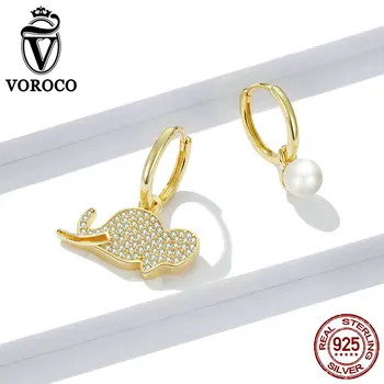 

VOROCO BNE371 Spiritual Animal Pearl Elephant 925 Sterling Silver Hoop Earrings Hypoallergenic Ear Hoops Women Fine Jewelry
