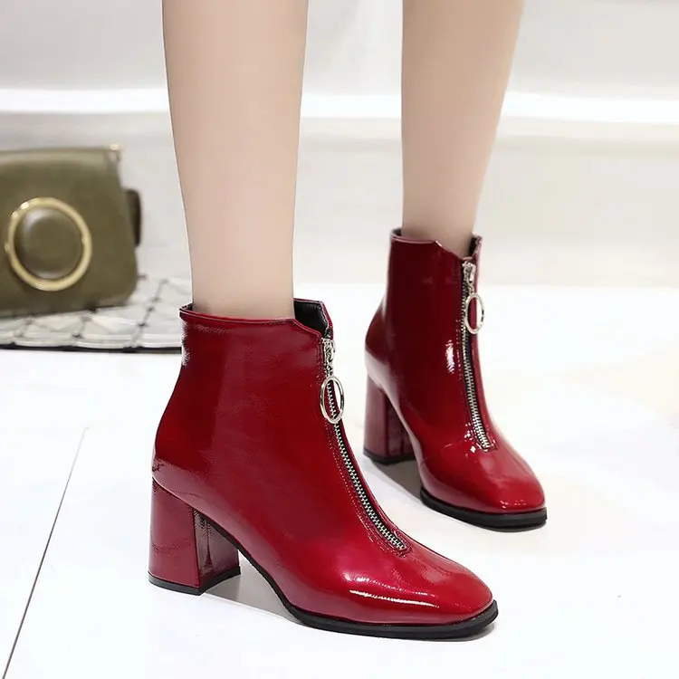 

2019Winter Women Hgih Heel Square Toe Boots Fashion Woman Patent Leather Zipper Motorcycle Boots