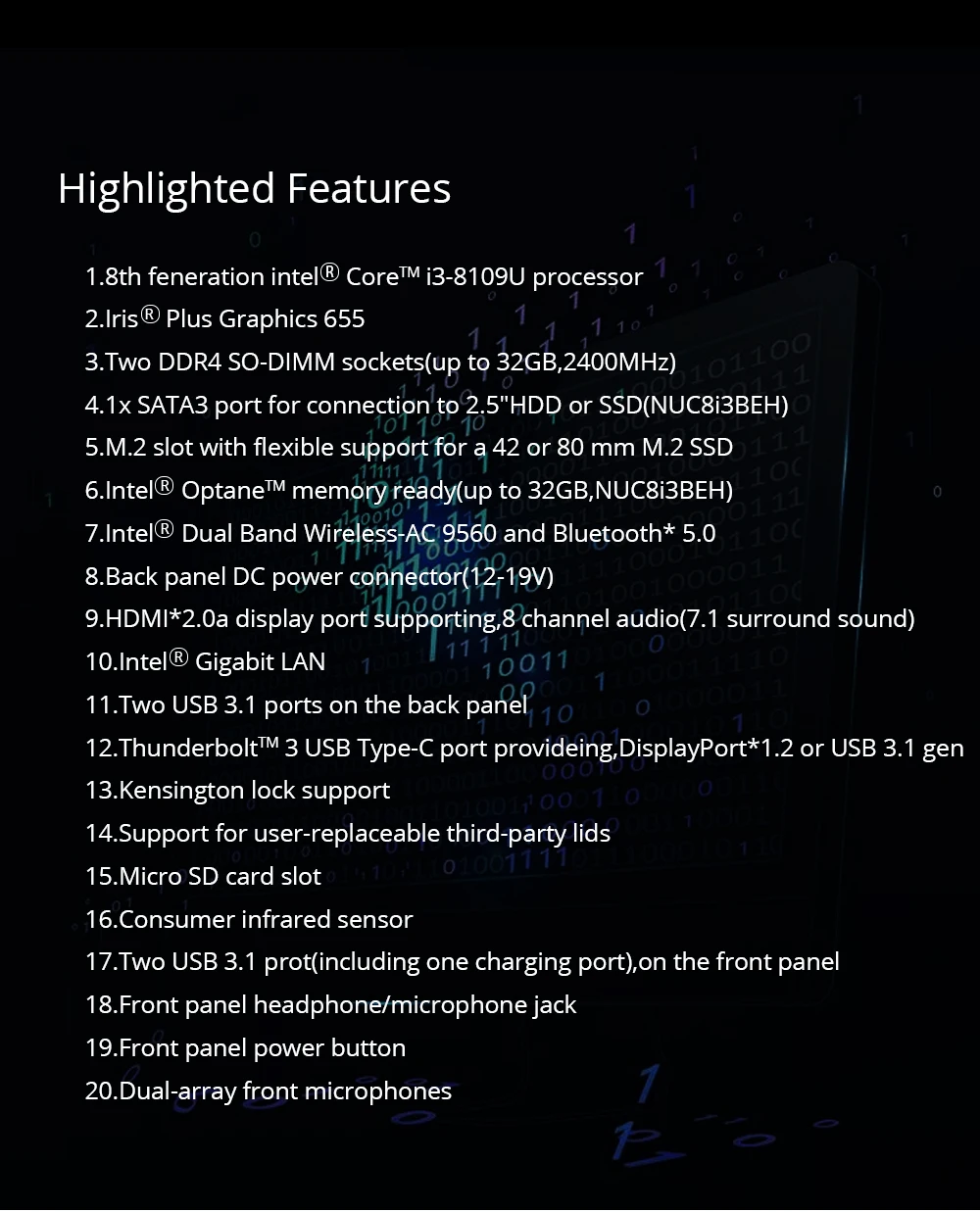 Intel NUC NUC8i3BEK мини-ПК двухъядерный i3-8109U DDR4 M.2 SSD Windows 10 Pro Wifi Bluetooth 4K Поддержка настольного игрового компьютера