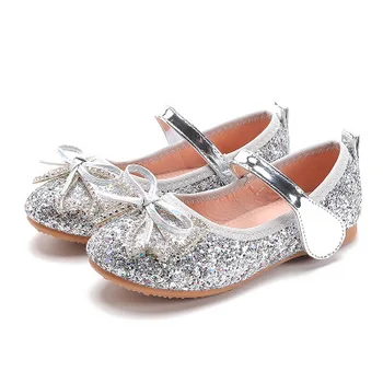 

Kids Girls Wedding Dress Shoes Children sequins Princess Shoes Bowtie Silver Pink Blue Leather Shoes For Girls Casual Shoes Flat