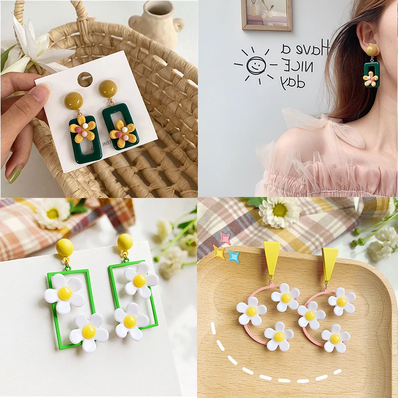 

Korea Elegant Trendy Square Asymmetric Flower Dangle Drop Cute Earrings for Women Party Gift Jewelry EC1962