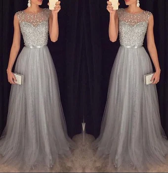 

Grey Silver Sequin Beaded Prom Dresses 2020 A Line Sleeveless Bridesmaid Dress O Neck Wedding Homecoming Birthday Party Ball Gow