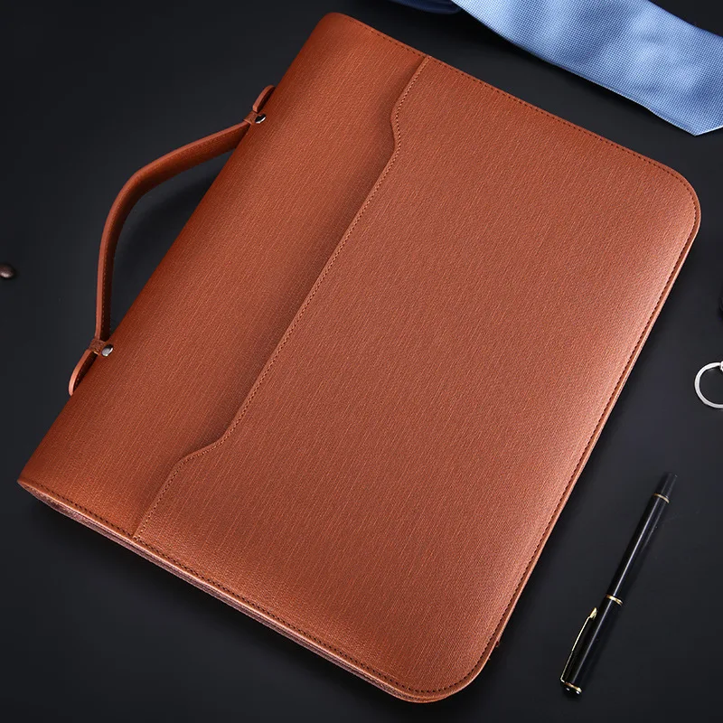 A4 Padfolio файл зажим для шкафа роскошный скоросшиватель фишарио Органайзер держатель деловые кольца менеджер портфель на молнии спиральная записная книжка - Цвет: Коричневый