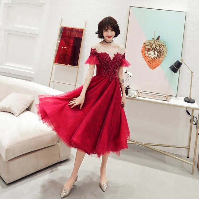 One-shoulder toast clothing bride wine red wedding modern dress banquet  annual party evening dress skirt female thin short dress - AliExpress