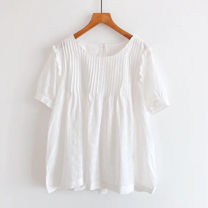 2020 New Summer Women Blouse Japan Style Mori Girl Back Buttons Loose O-Neck Short Sleeve Shirt Women Tops 2