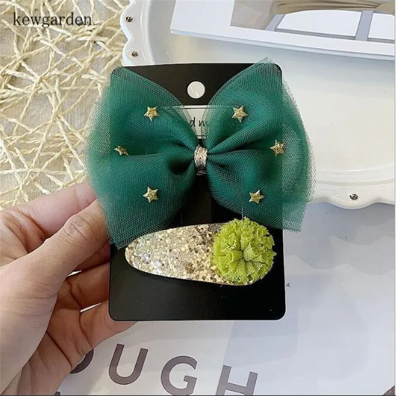 Kewgarden Hair Accessories Cute Lace Gauze Ribbon Bowknot Ball Hairpins Hairclips Baby Girls BB Clips Headwear 5 Sets - Цвет: Зеленый