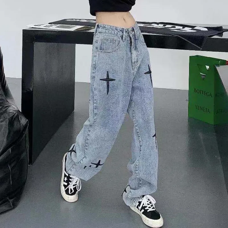 Streetwear Cross Embroidery Jeans Woman High Waist Y2k Straight Baggy Pants Korean Fashion Women's Jeans 2022 Trend Trousers