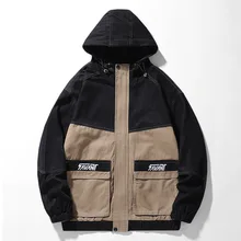 

Men's Fashion Pure Cotton Color-blocking Loose Hooded Jacket Spring and Autumn Tide Brand Men's Embroidered Work Jacket